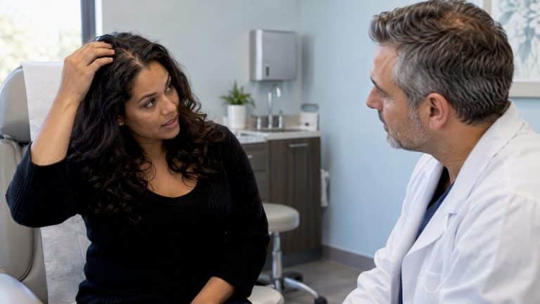 Client discusses a widening hair part with clinician