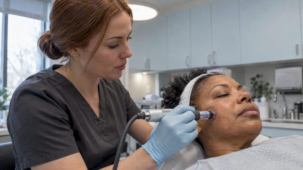 Aesthetician performs microneedling on a client’s cheek