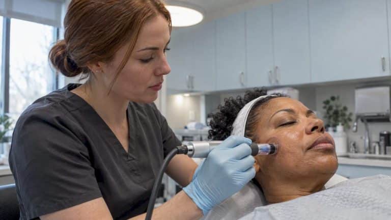 Aesthetician performs microneedling on a client’s cheek