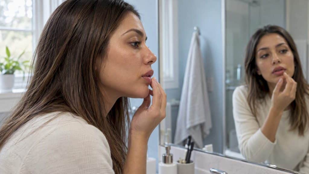 Woman checking mild lip swelling in mirror