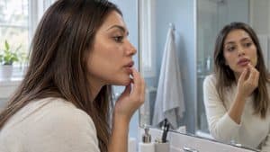 Woman checking mild lip swelling in mirror