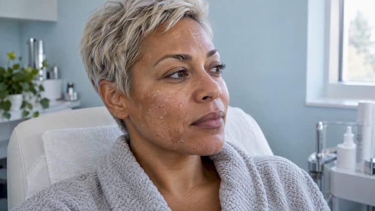 Woman showing mild facial peeling after treatment